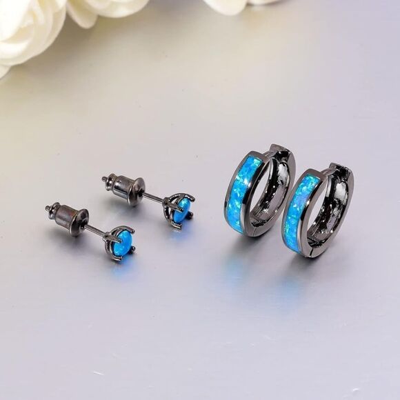 14K Black Gold with Genuine Blue Fire Opal Huggie and Stud Earrings Set of 2 - Picture 2 of 5